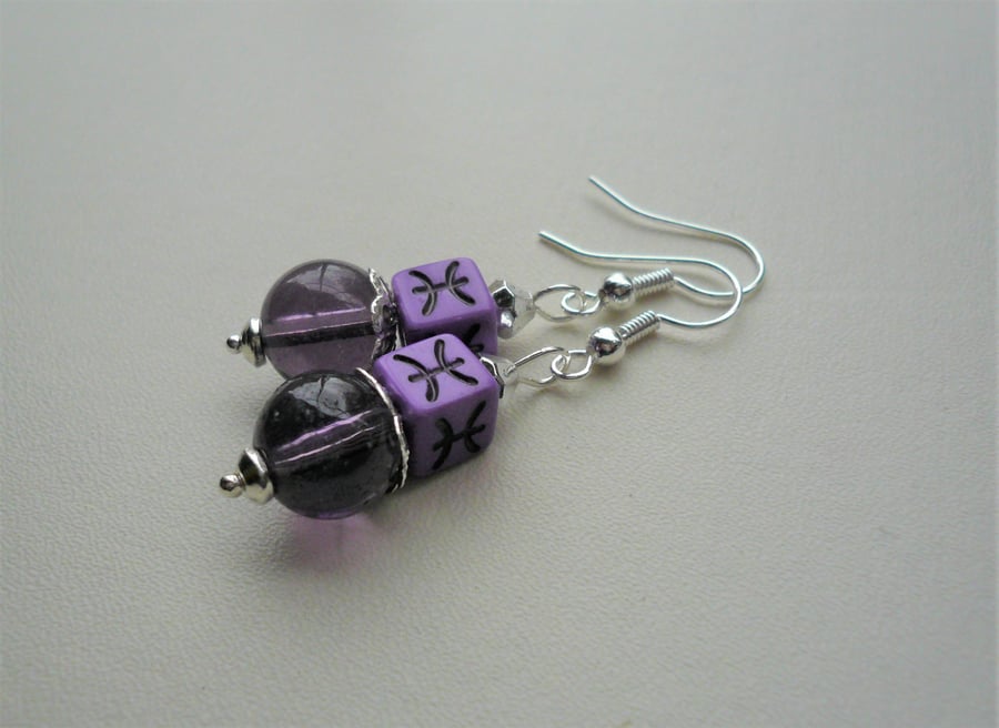 Purple PISCES Zodiac Sign Dangle Glass Acrylic Cube Bead Earrings   KCJ3978