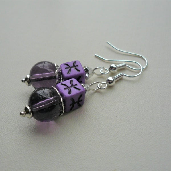 Purple PISCES Zodiac Sign Dangle Glass Acrylic Cube Bead Earrings   KCJ3978