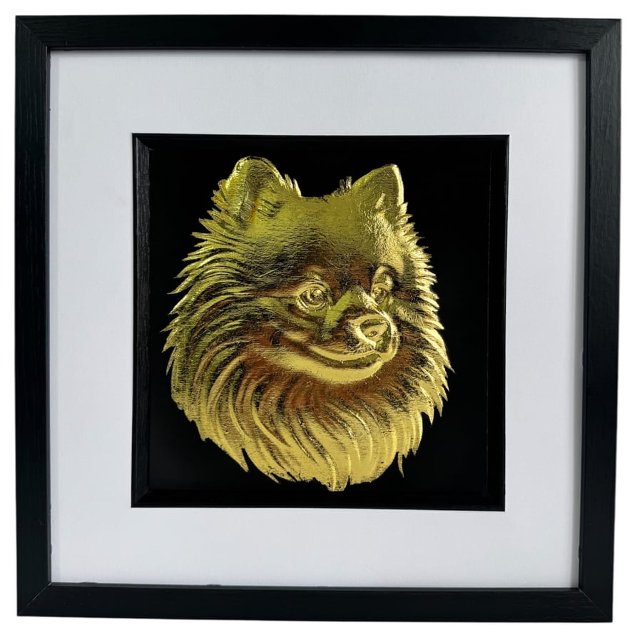 Pomeranian Framed Wall Art, Gold or Silver Leaf Pom Dog Gift