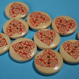 20mm Wooden Red Heart Buttons Love Lacey 10pk Button (RH7)