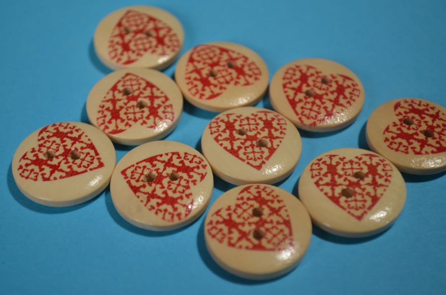 20mm Wooden Red Heart Buttons Love Lacey 10pk Button (RH7)