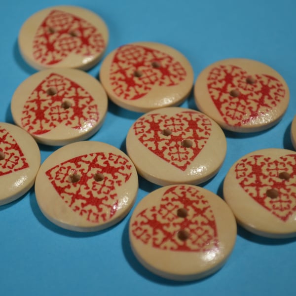 20mm Wooden Red Heart Buttons Love Lacey 10pk Button (RH7)