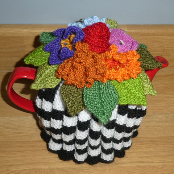 Whimsical Tea Cosy with Leaves and Flowers Knitting Pattern PDF.  PDF Pattern.