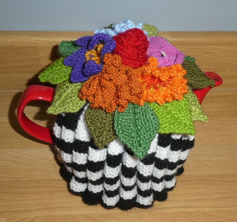 Whimsical Tea Cosy with Leaves and Flowers Knitting Pattern PDF.  PDF Pattern.
