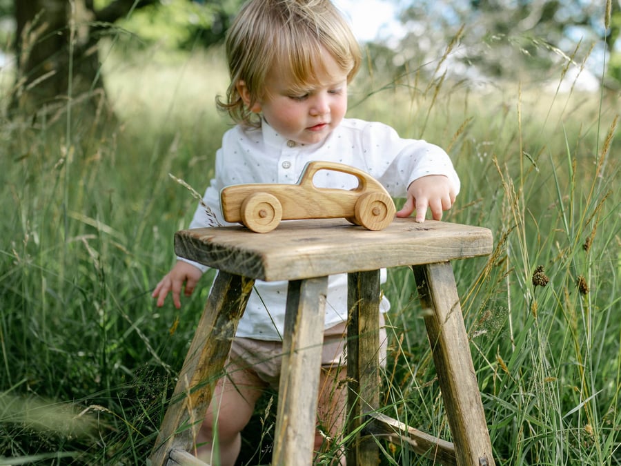 Wooden Toy Car - Retro Racing Car - White - Traditional Wooden Toys - Auto Toys
