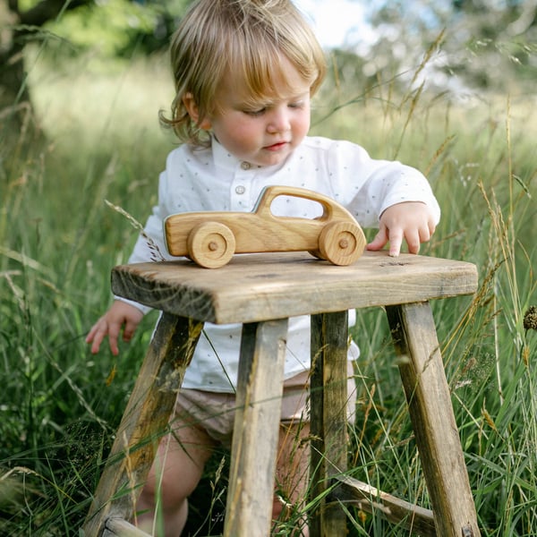 Wooden Toy Car - Retro Racing Car - White - Traditional Wooden Toys - Auto Toys