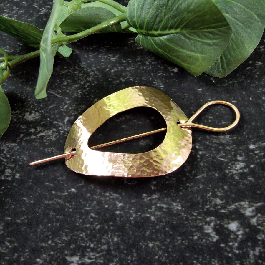 Shawl Pin, Large Hammered Copper Irregular Oval Shape