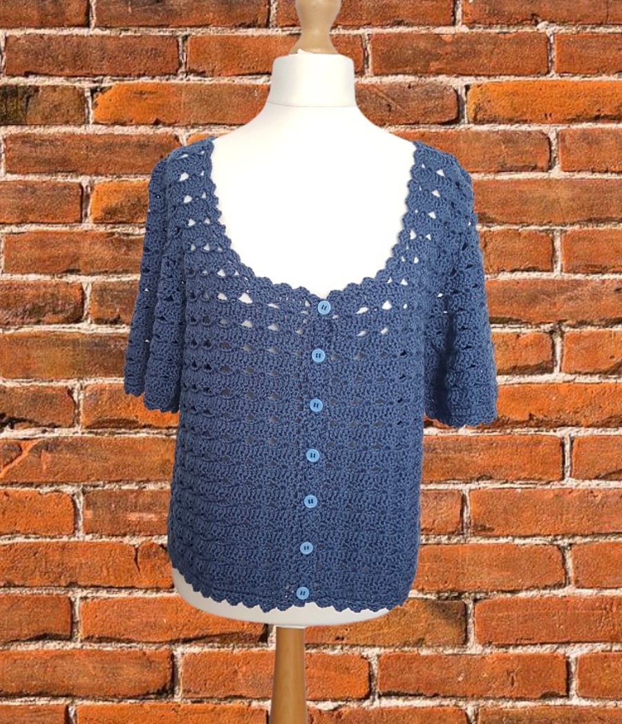 Ladies crochet lacy blouse. Short sleeves. Size 12. Comfort fit. Blue Velvet.