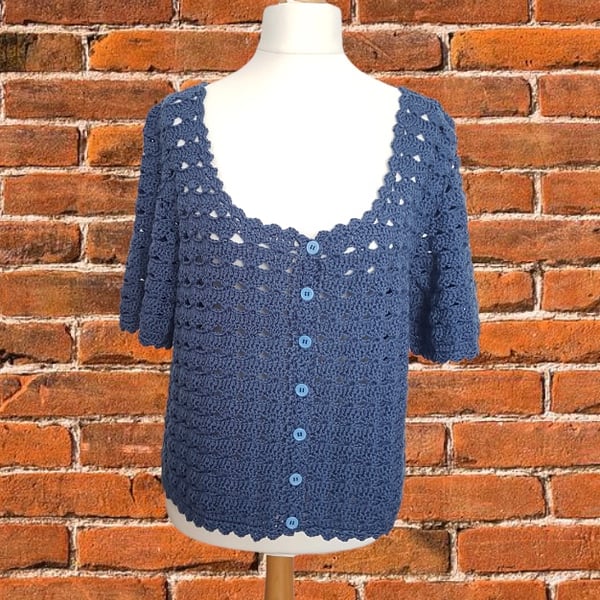 Ladies crochet lacy blouse. Short sleeves. Size 12. Comfort fit. Blue Velvet.