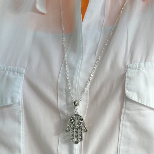 Silver plated long hamsa necklace