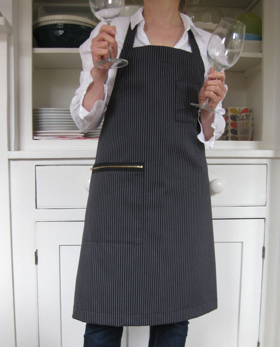 SAMPLE Womens Pinstripe Work Apron - barista style with secure zip pocket. No3