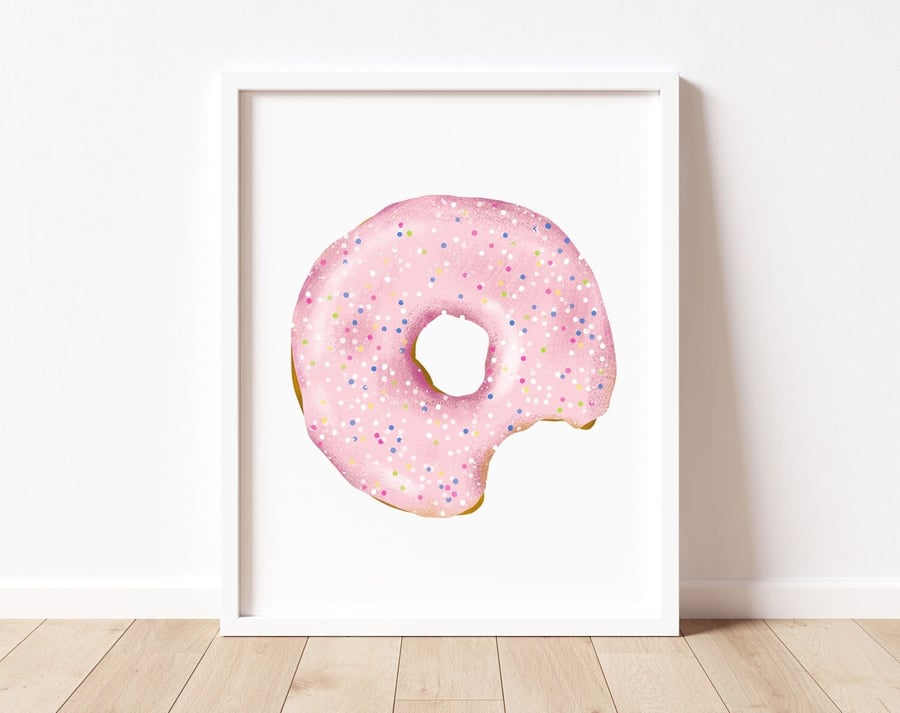 Strawberry Donut Art Print, Donut Food Wall Art, Kitchen Decor 