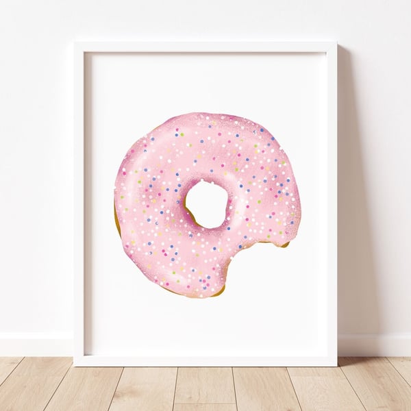 Strawberry Donut Art Print, Donut Food Wall Art, Kitchen Decor 