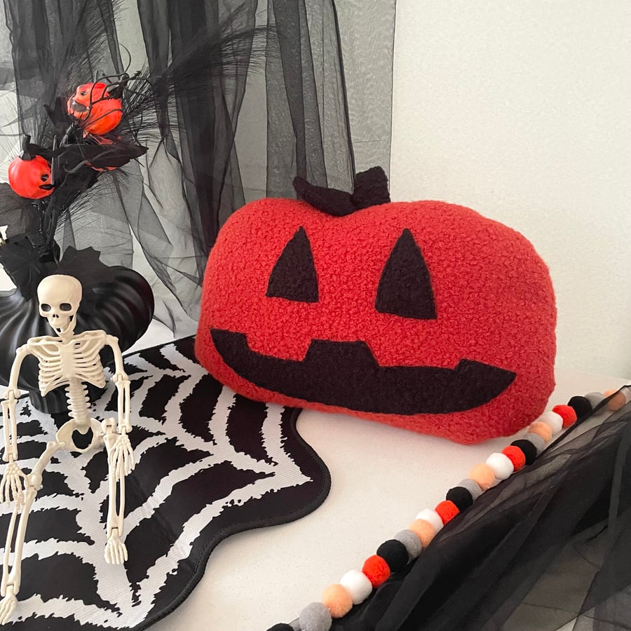 Rust Orange Pumpkin Cushion – Spooky Halloween Boucle Pillow, Plush Pumpkin 