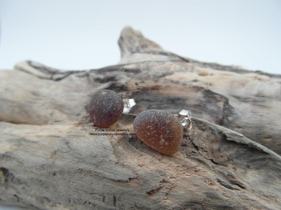 Cornish Sea Glass Stud Earrings in Amber, Sterling Silver E379
