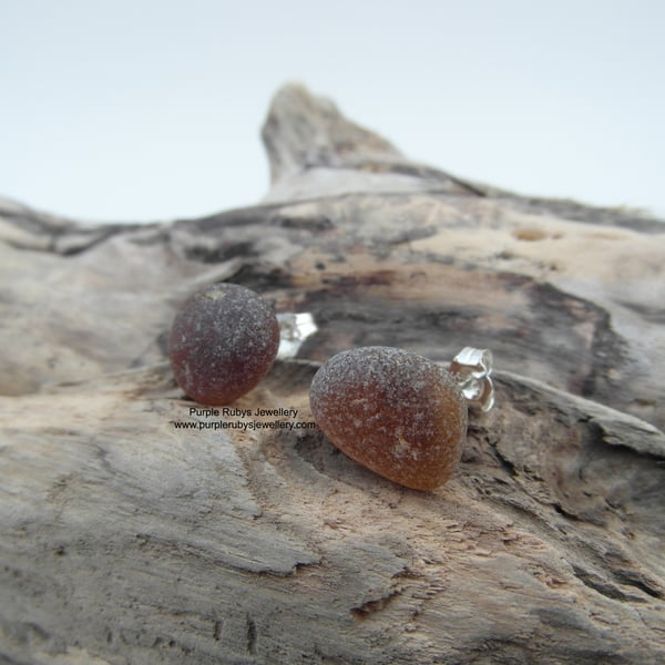 Cornish Sea Glass Stud Earrings in Amber, Sterling Silver E379