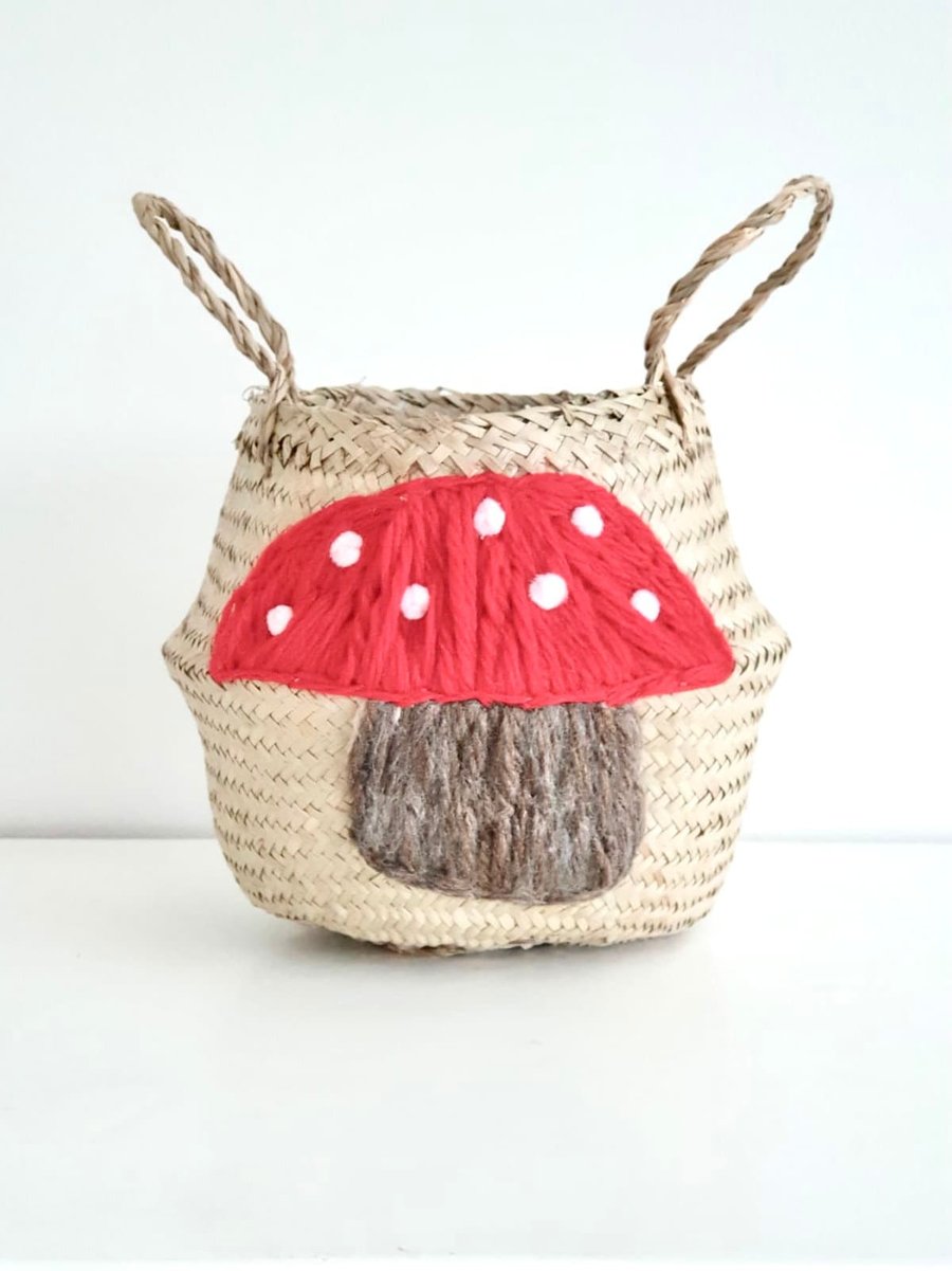 Toadstool seagrass belly basket - hand embroidered with the softest wool and pom
