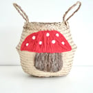 Toadstool seagrass belly basket - hand embroidered with the softest wool and pom
