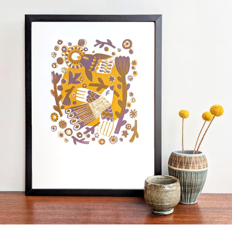 Birds Flying round the garden in purple and mustard - A3