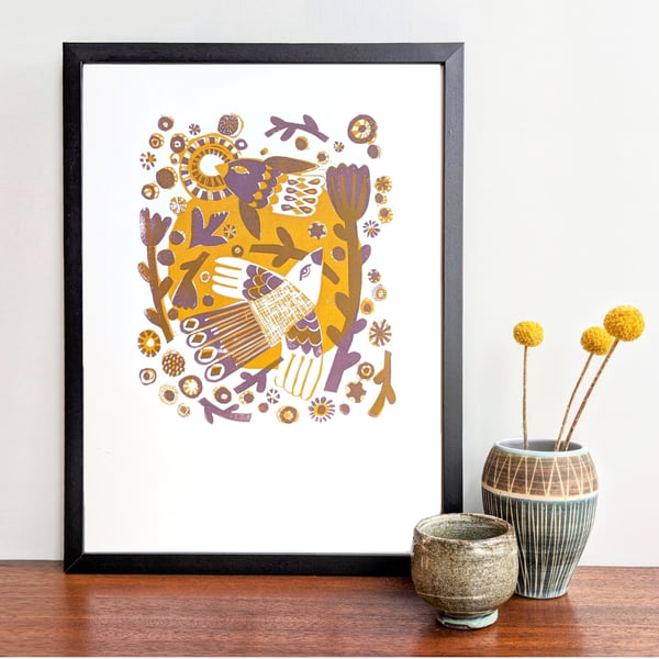 Birds Flying round the garden in purple and mustard - A3