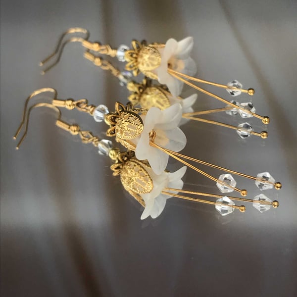 White Lucite and Gold Flower Drop Earrings