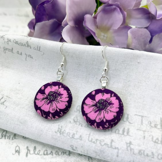 Perfectly Imperfect - Deep plum and pink daisy floral fabric earrings 
