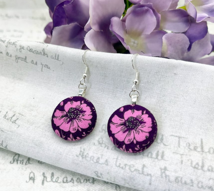 Perfectly Imperfect - Deep plum and pink daisy floral fabric earrings 