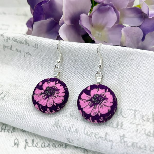 Perfectly Imperfect - Deep plum and pink daisy floral fabric earrings 