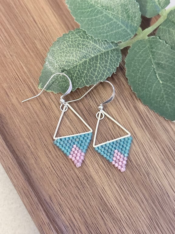 Capri blue and pink beadwork triangle earrings 