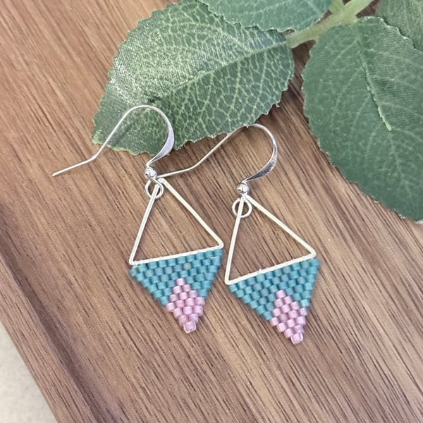 Capri blue and pink beadwork triangle earrings 