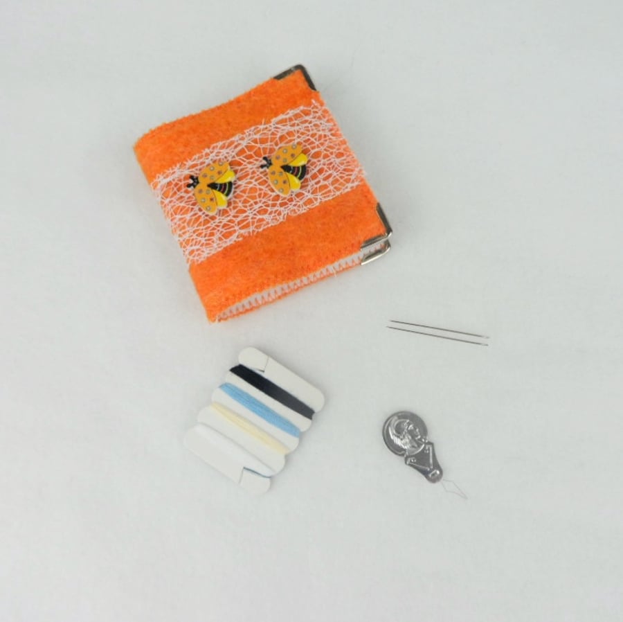 Orange felted sewing kit, needle book with bee decoration