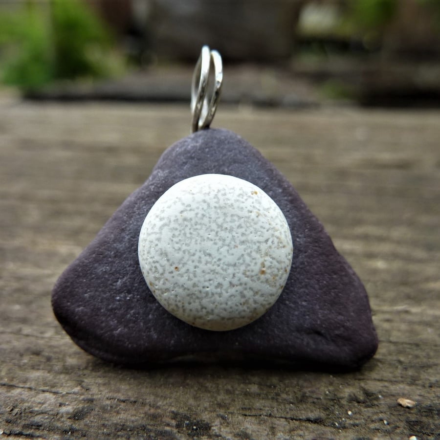 Pendant - white circle on dark purple triangle beach pebble