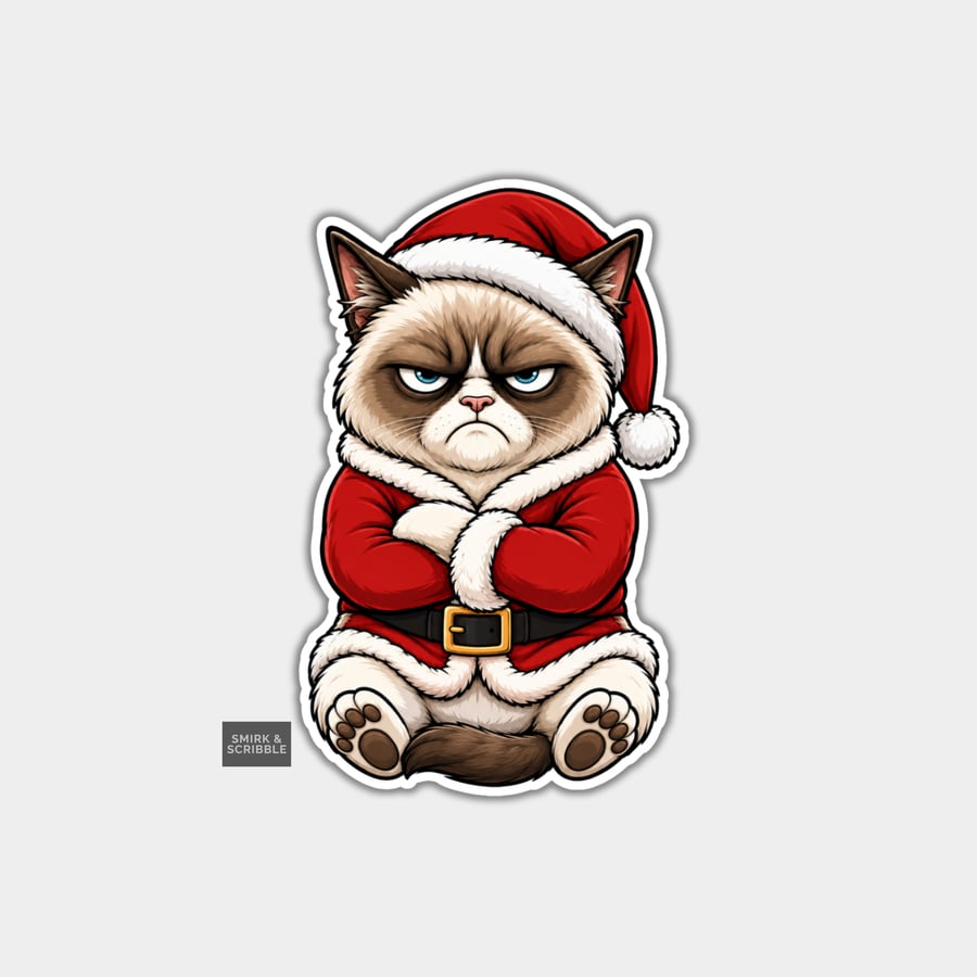 Image of Funny Christmas Sticker Vinyl Xmas Decal For Adults - Grumpy Santa Cat