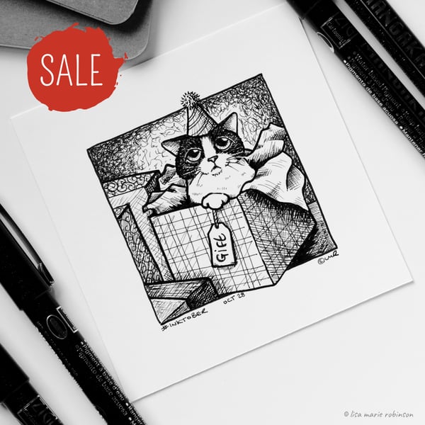 SALE - Gift Kitty - Day 28 Inktober 2018 - Mini Cat Ink Drawing