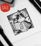 SALE - Gift Kitty - Day 28 Inktober 2018 - Mini Cat Ink Drawing - Image 1