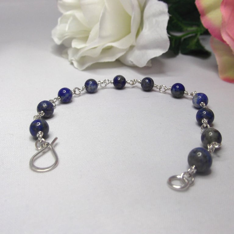 Lapis Lazuli gemstone bead bracelet with recycled silver wire wrapped links