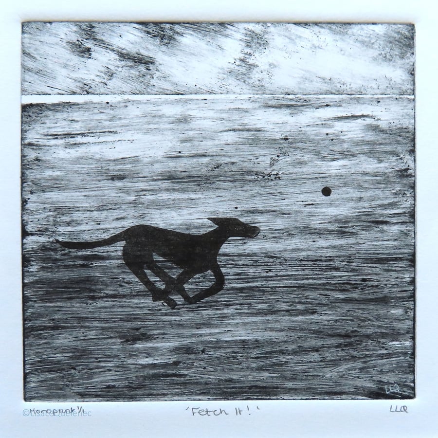 Original monoprint dog chasing his ball on the beach