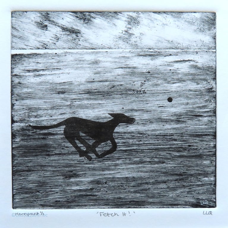 Original monoprint dog chasing his ball on the beach