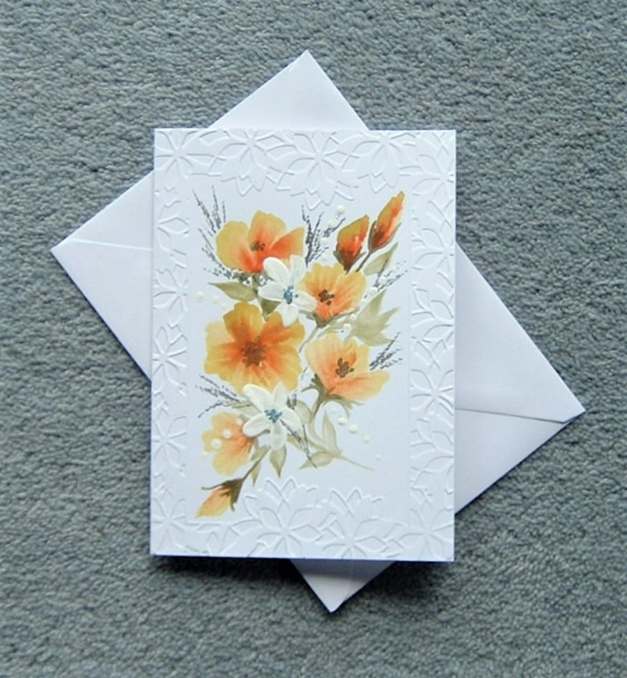 hand painted embossed floral blank greetings card ( ref F 189 )