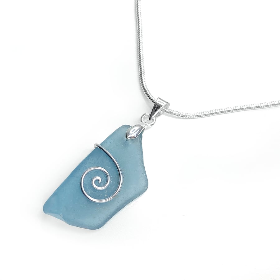 Sea Glass Pendant - Blue Beach Glass, Silver Handmade Celtic Necklace Jewellery