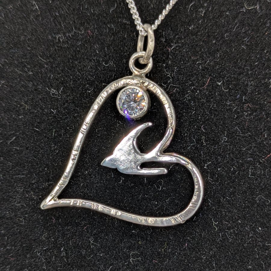 Silver swallow pendant, Sterling silver heart necklace, Bird watcher gift