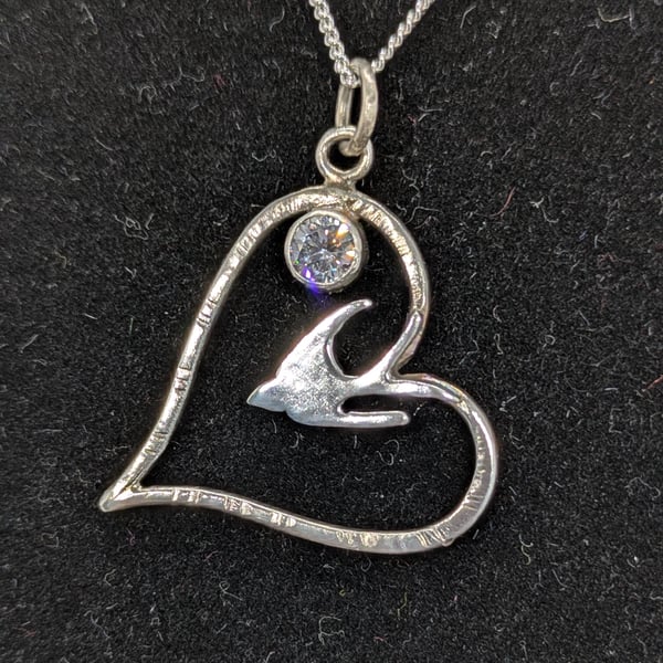 Silver swallow pendant, Sterling silver heart necklace, Bird watcher gift