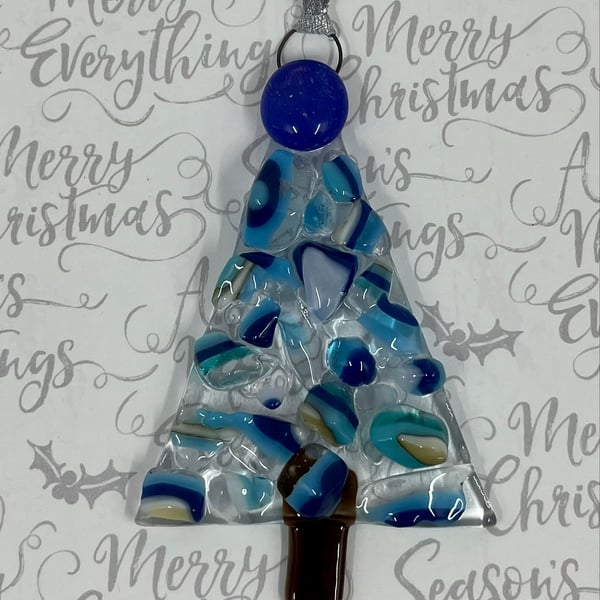 Large Handmade Fused Glass Xmas Tree Hanging Christmas Decoration 