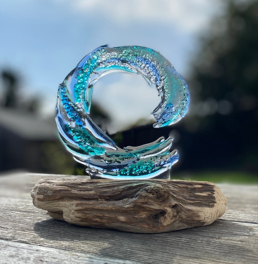 Beautiful Fused Glass Wave set in Driftwood