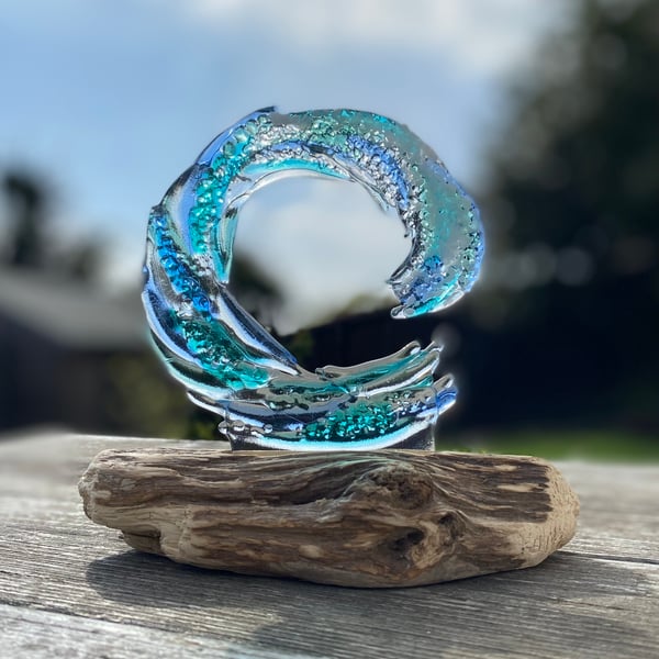 Beautiful Fused Glass Wave set in Driftwood