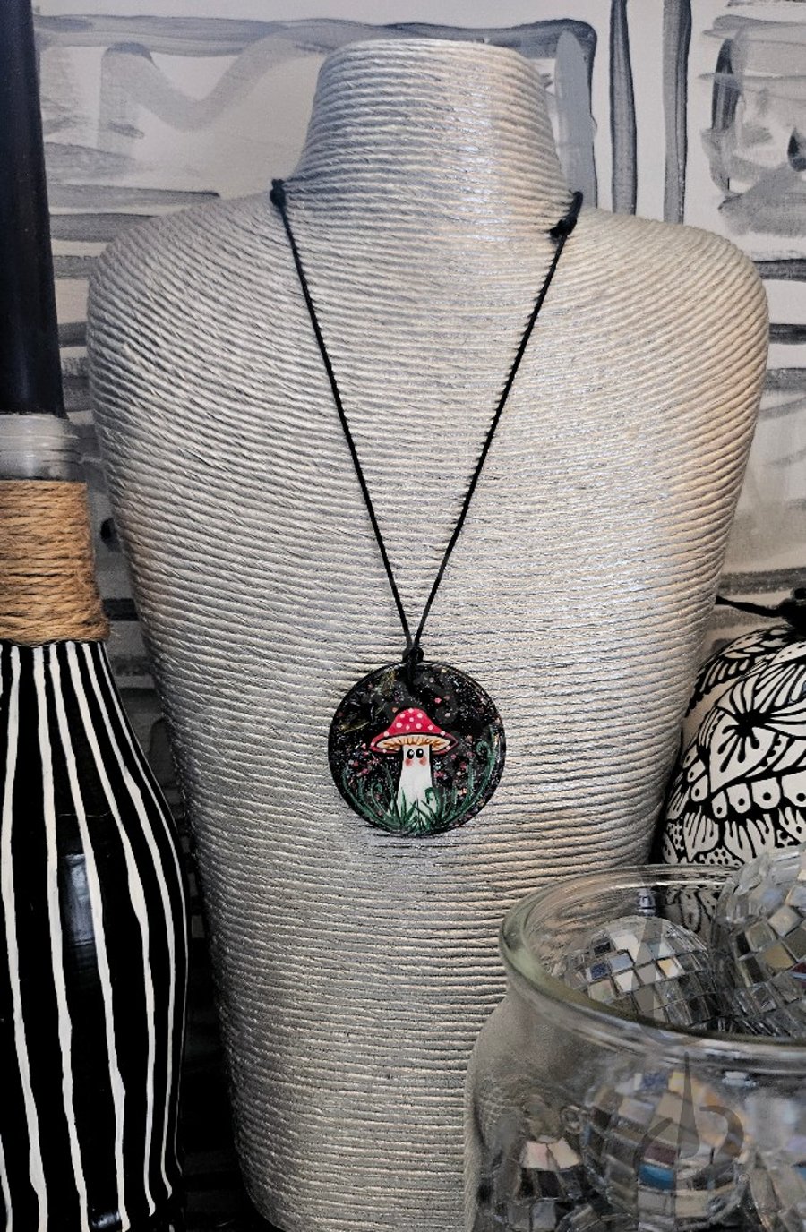 Handmade cute toadstool necklace- Hand painted resin pendant