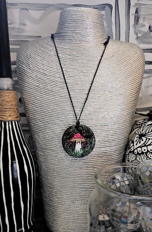 Handmade cute toadstool necklace- Hand painted resin pendant