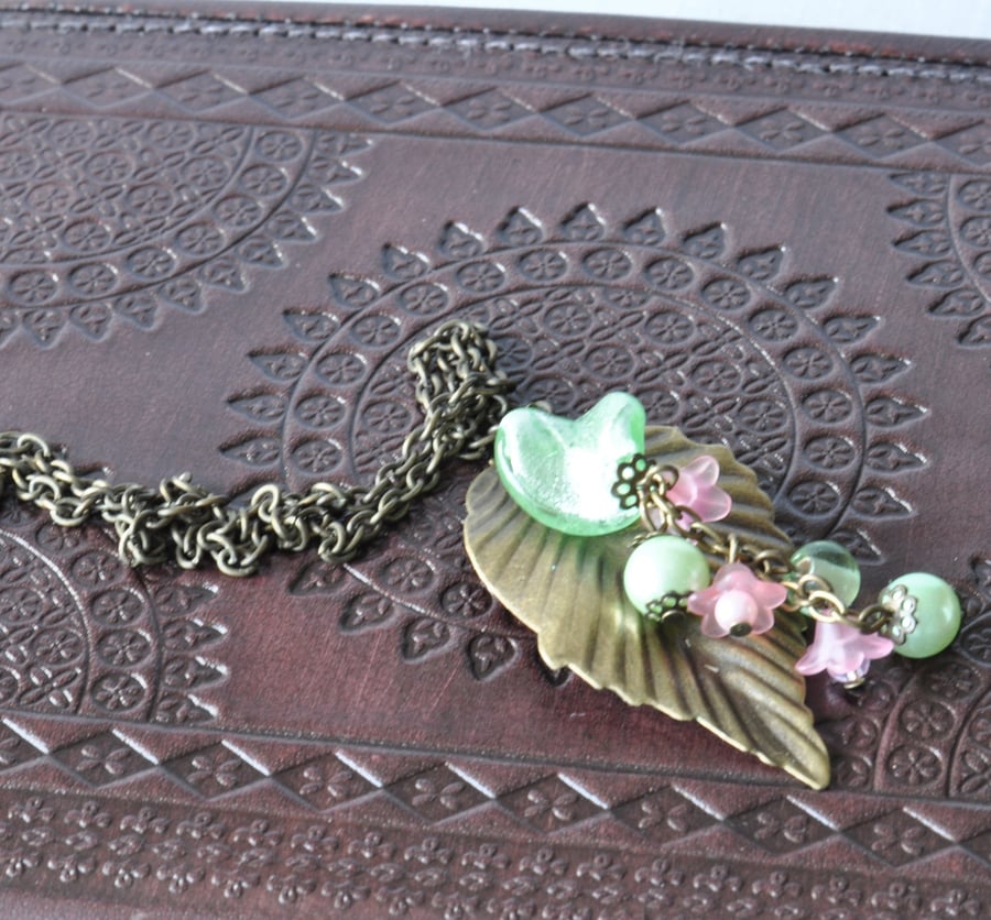 Antique Bronze Plated Leaf Pendant Necklace with Mint & Pink Glass Beads