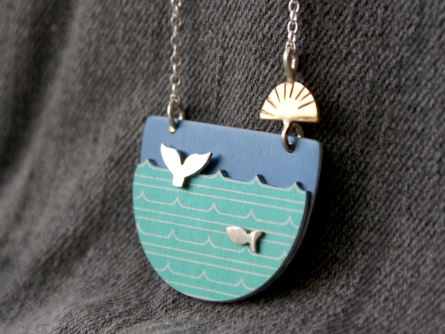 Whale and fish landscape necklace