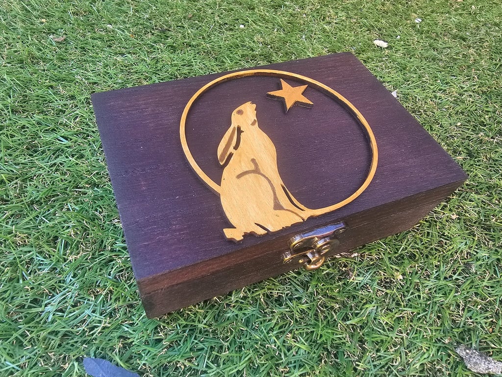 Moongazing Hare Handmade Wooden Mirror Jewellery or Trinket Box 